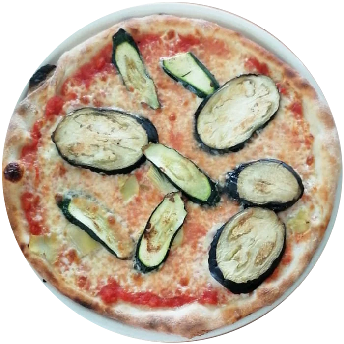 Pizza di Pizza Napoli con melanzane e zucchine grigliate, vista dall'alto